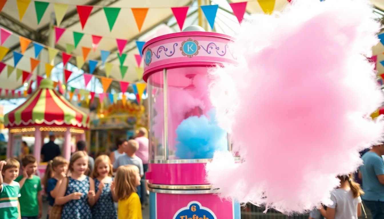 Kinderen genieten van wafel katoen op een kermis met kleurrijke decoraties.