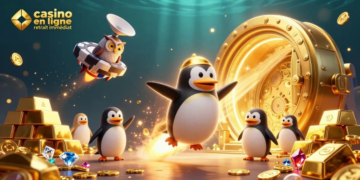 Profitez du casino en ligne retrait immédiat avec un pingouin doré futuriste et des trésors scintillants.