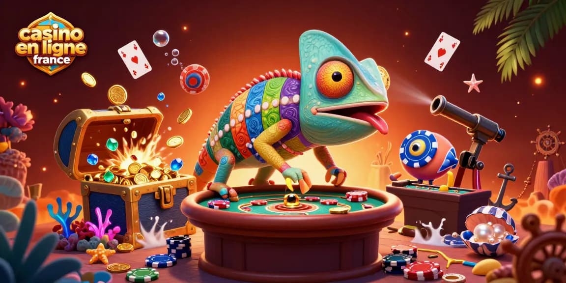Découvrez le casino en ligne France avec un caméléon propriétaire absorbant des pièces d'or dans une scène dynamique.