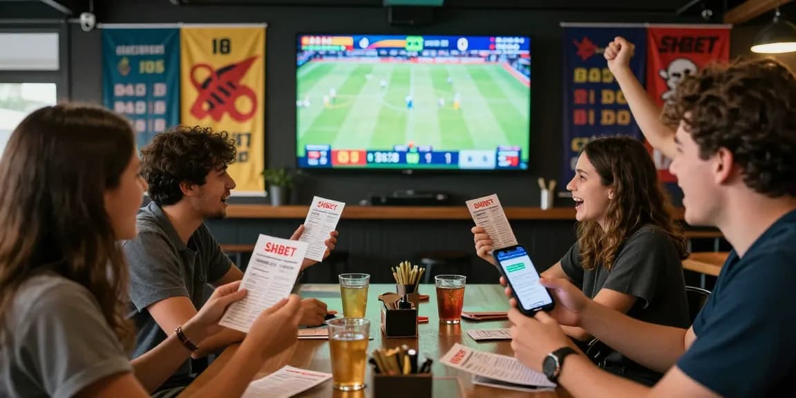 Exciting sports betting atmosphere at https://sh-bet.com/ featuring friends enjoying live games and betting.