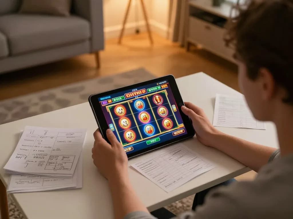 FAFA828 player enjoying online slots on a tablet, surrounded by strategy notes