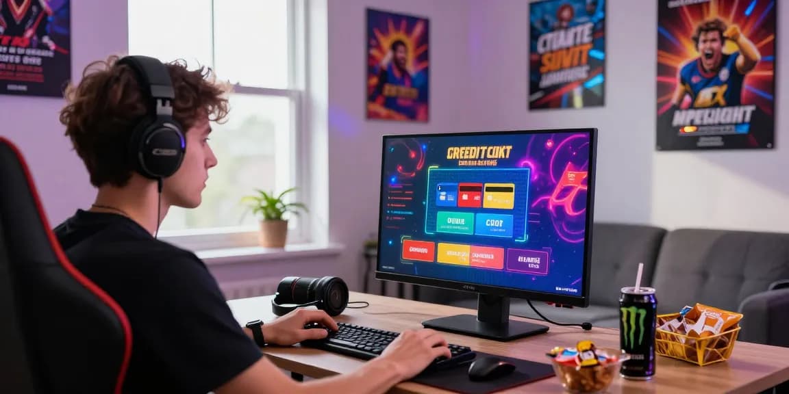Online gamer enjoying casinos that accept credit cards in a vibrant home setup with gaming accessories.