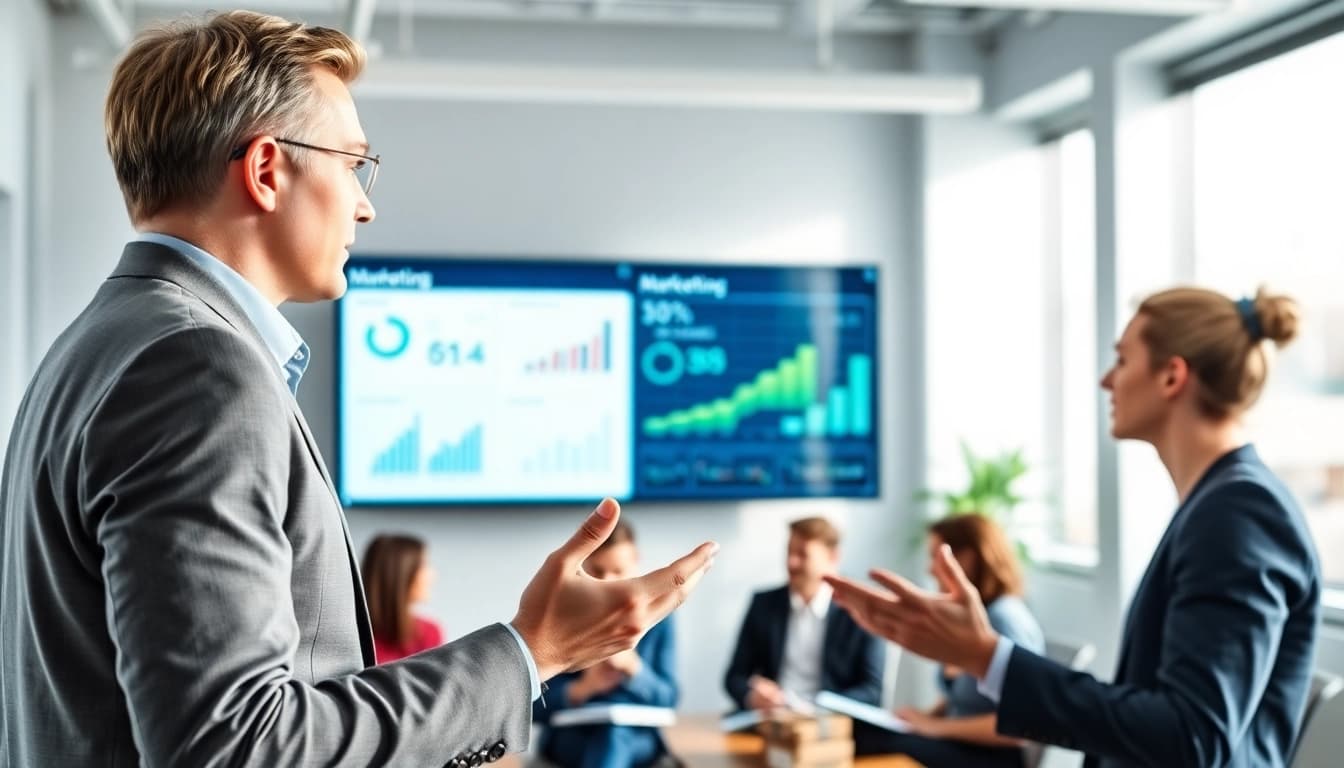 Marketing Consultant presenting strategies in a modern office, engaging the audience.
