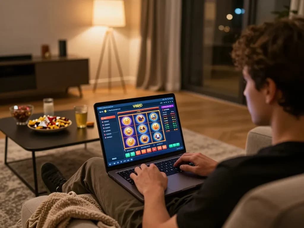 Engaging gameplay on viral4d slot games at home, cozy setting with snacks and drinks