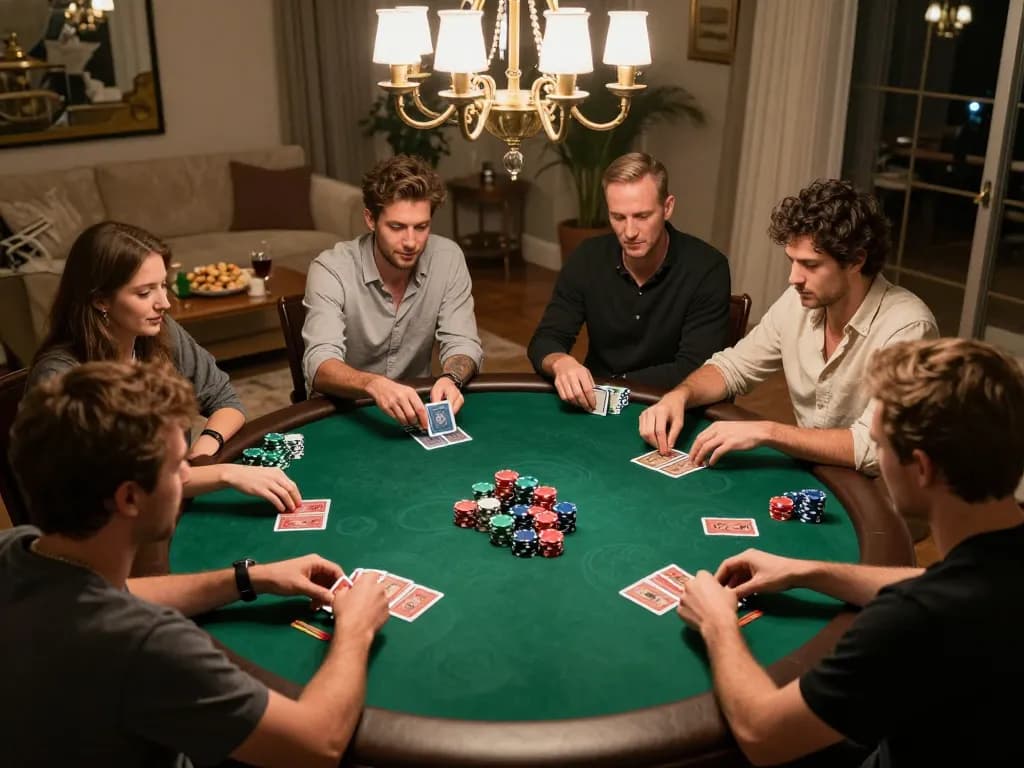 Engaged players enjoying a poker game at home while using rokok88 link for strategies.