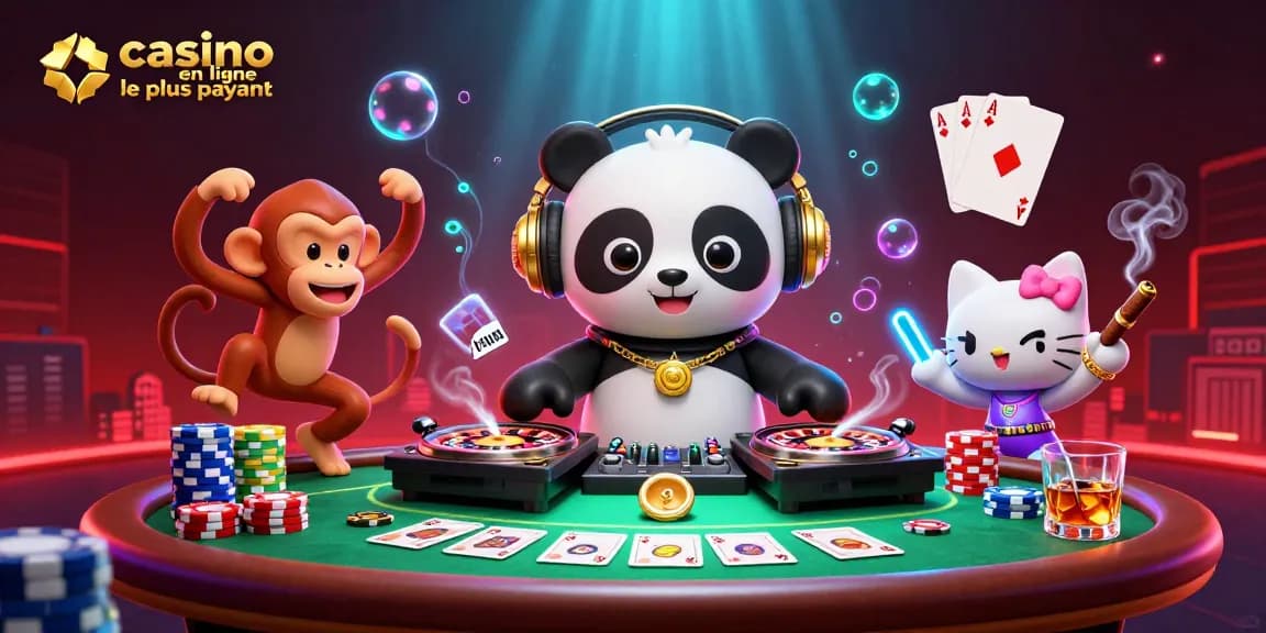 Visuel d'une scène de casino en ligne le plus payant avec un panda DJ, un singe danseur et un chat avec une glow-stick.
