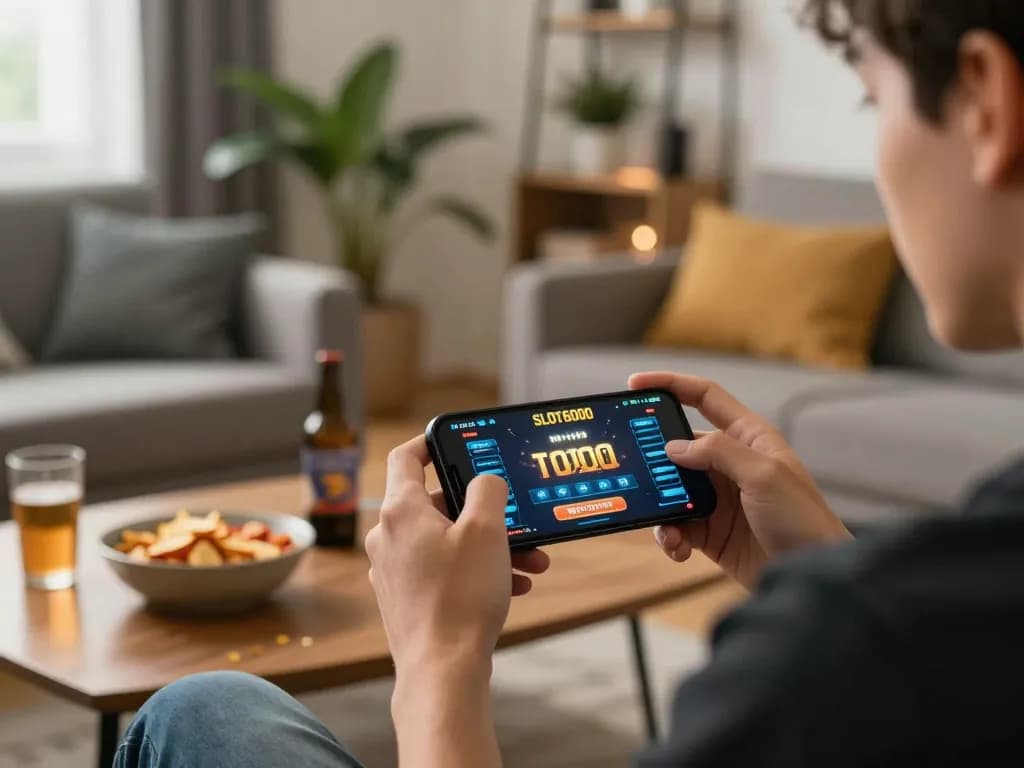 SLOT6000 gameplay on smartphone in a cozy living room, showcasing a responsible gaming lifestyle.