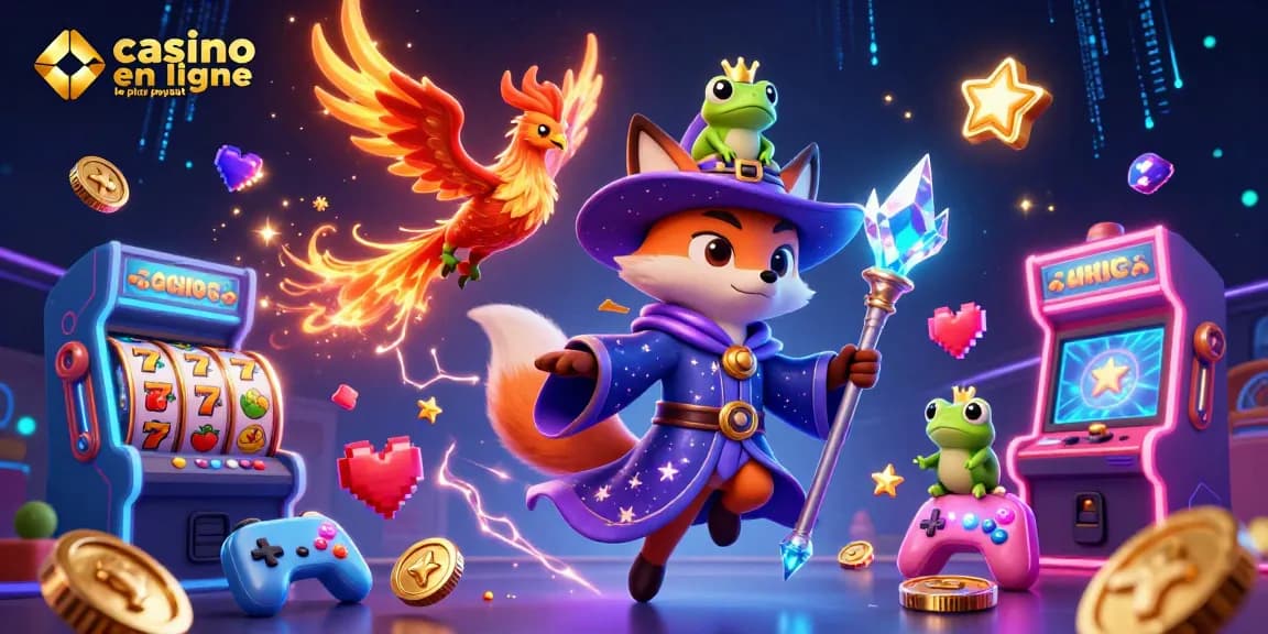 Illustration dynamique de casino en ligne le plus payant avec un renard sorcier et des machines à sous colorées.