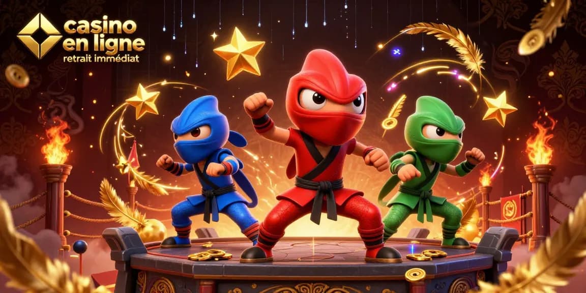 Appréciez le combat dynamique avec trois caméléons ninja colorés en action dans un casino en ligne retrait immédiat.