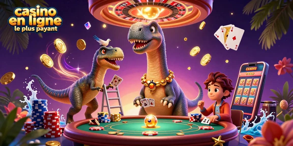 Une illustration colorée de casino en ligne le plus payant avec un brontosaurus et un raptor jouant aux cartes.