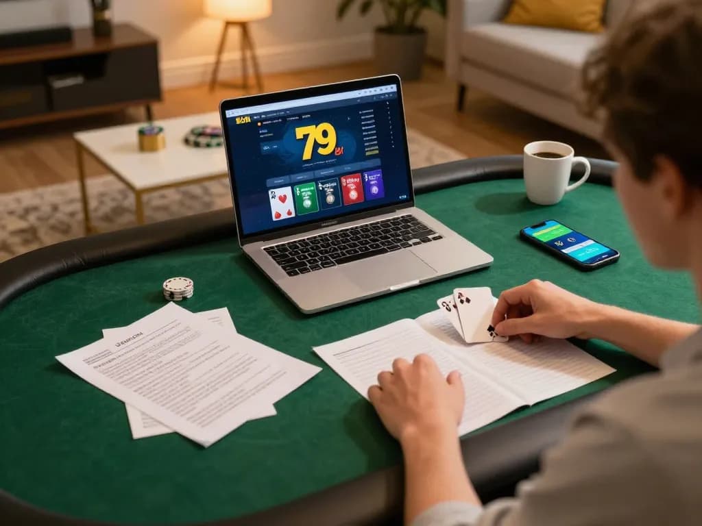 Engaging with the Nhà cái 79king online poker setup at home, showcasing a comfortable gaming environment.