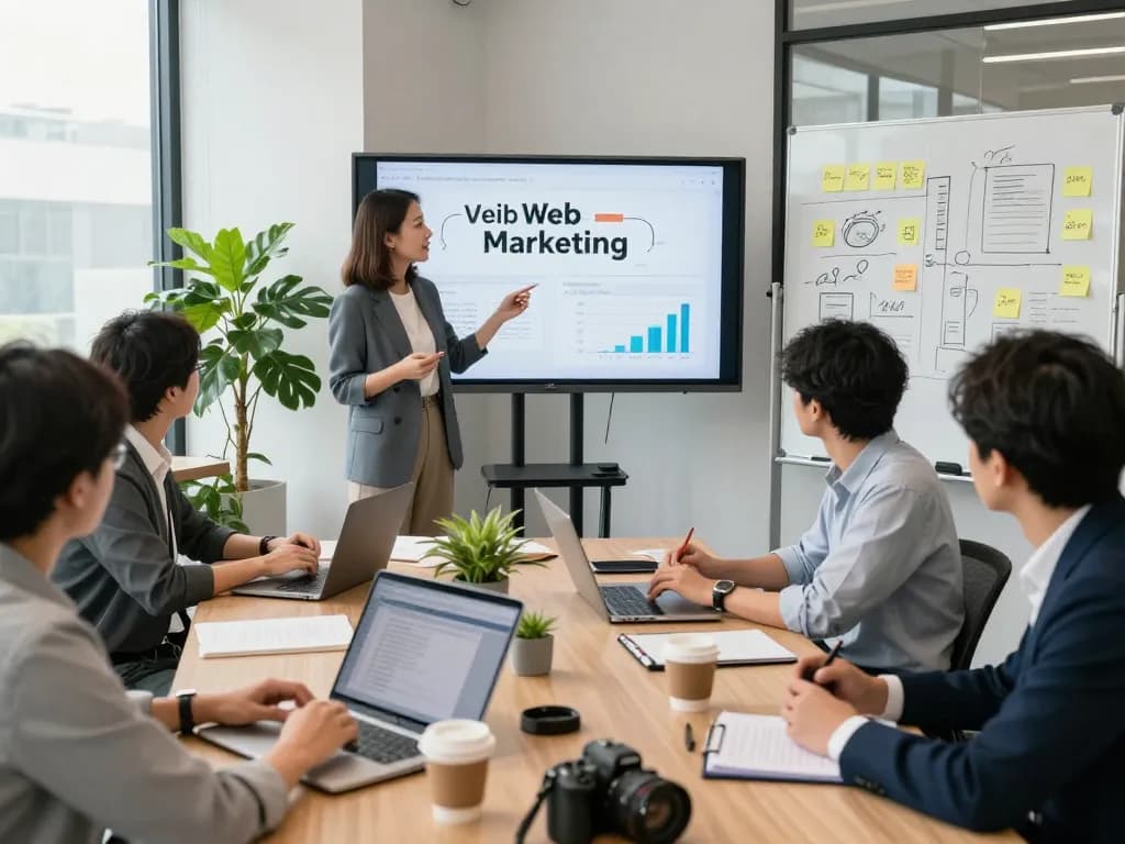 現代のオフィスでウェブマーケティング戦略について協力する合同会社SUMXのチーム。