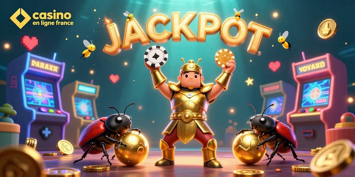 Les joueurs s'engagent dans un casino en ligne France en levant un jeton de poker, avec des effets éclatants et des machines à sous en arrière-plan.
