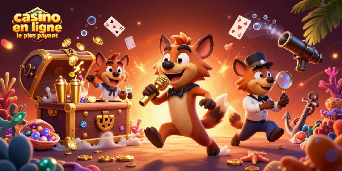 Illustration d'un club de casino en ligne le plus payant, montrant des hyènes animées et des éléments de jeu colorés.