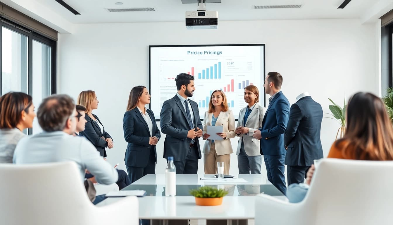 Analyze competitor pricing strategies with professionals in a modern conference room.