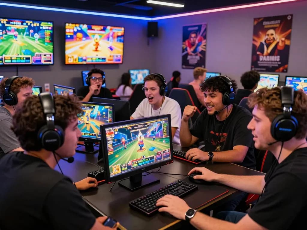 Pemain yang terlibat menikmati permainan slot multiplayer laoban188 di suasana lounge permainan yang hidup.