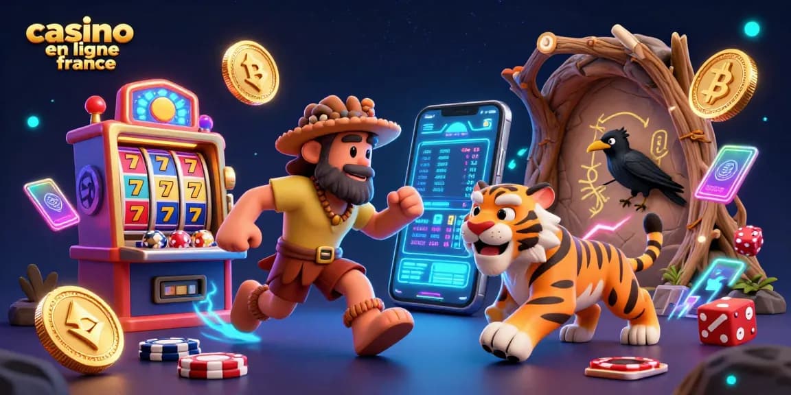 Animation de casino en ligne France avec un homme des cavernes, un tigre à dents de sabre et un corbeau enregistrant des points.