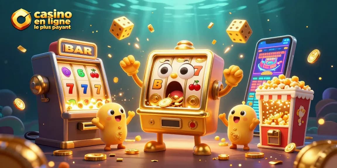 Visuel captivant de machines à sous en ligne, mettant en avant le casino en ligne le plus payant avec jackpots et festivités.