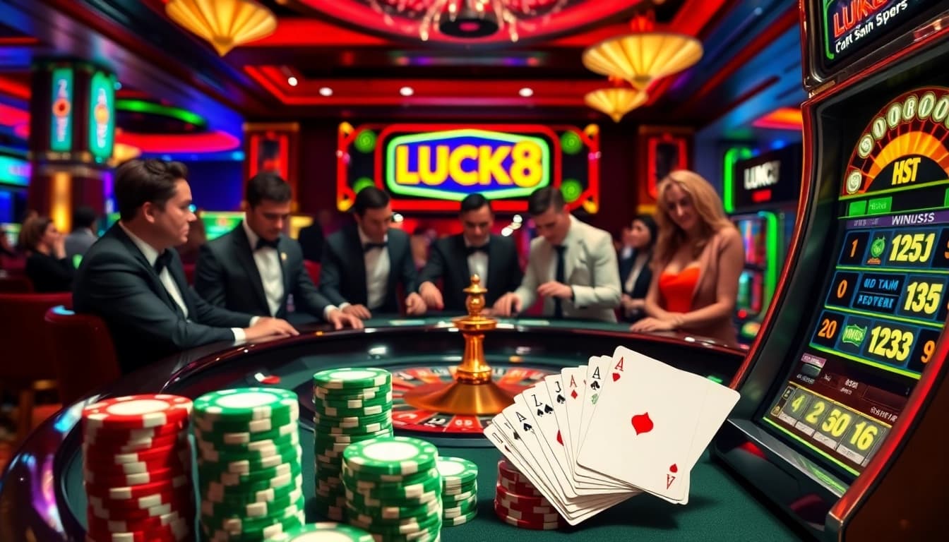LUCK8 casino players enjoying a thrilling game at a roulette table with vibrant atmosphere.