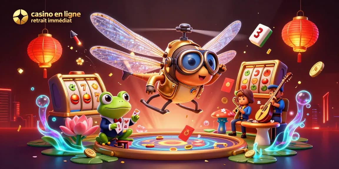 Jouez au casino en ligne retrait immédiat avec un pilote libellule et un croupier grenouille dans une scène animée.