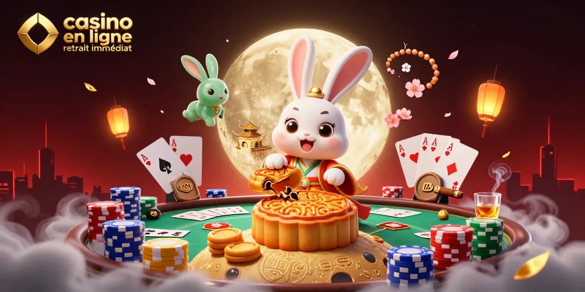 Profitez de l'expérience de casino en ligne retrait immédiat avec des personnages festifs sur la lune, entourés de jetons de poker.