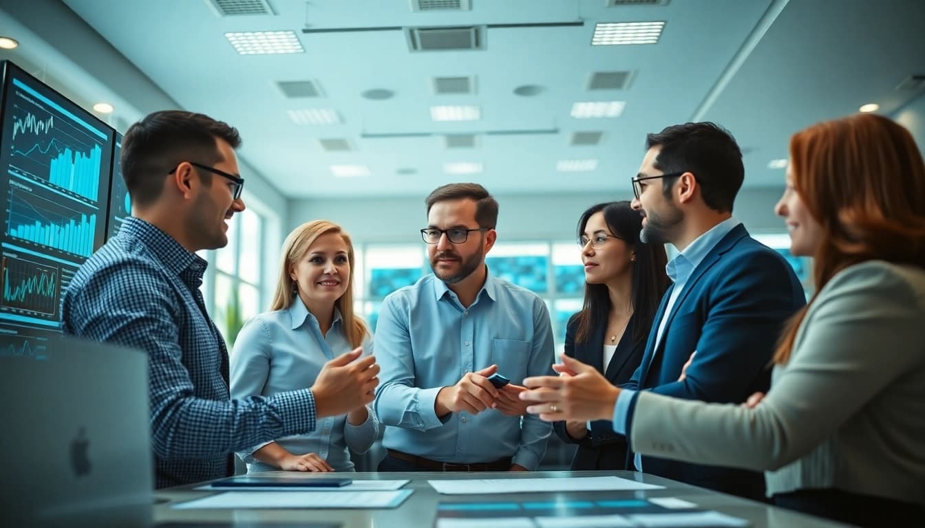 Analyzing competitive intelligence faqs with a diverse team in a modern office setting.