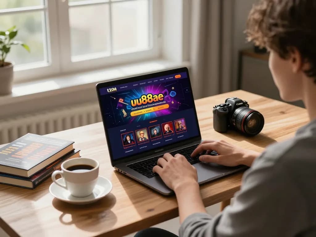 Engaged bettor using uu88ae online casino, laptop showing colorful gameplay.