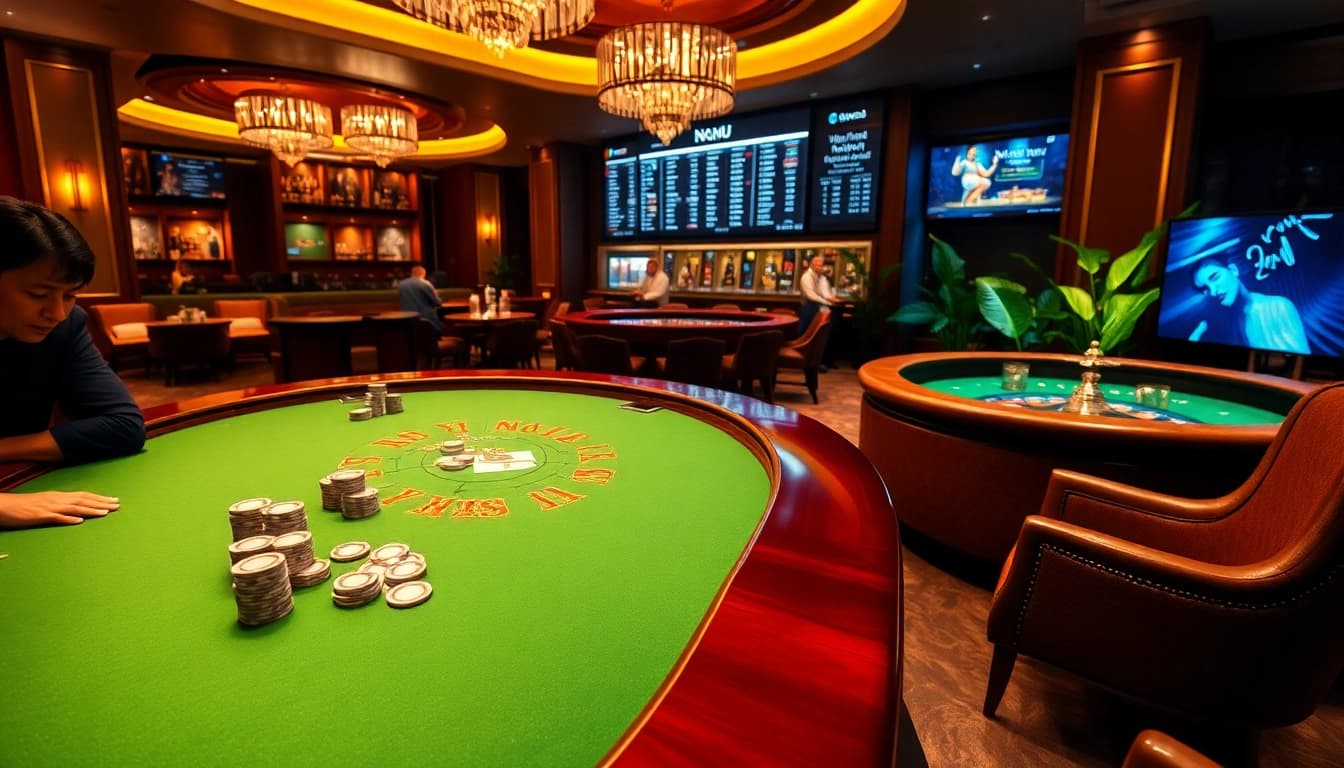 Nohu-themed casino scene with players engaged at a blackjack table, showcasing excitement and luxury.