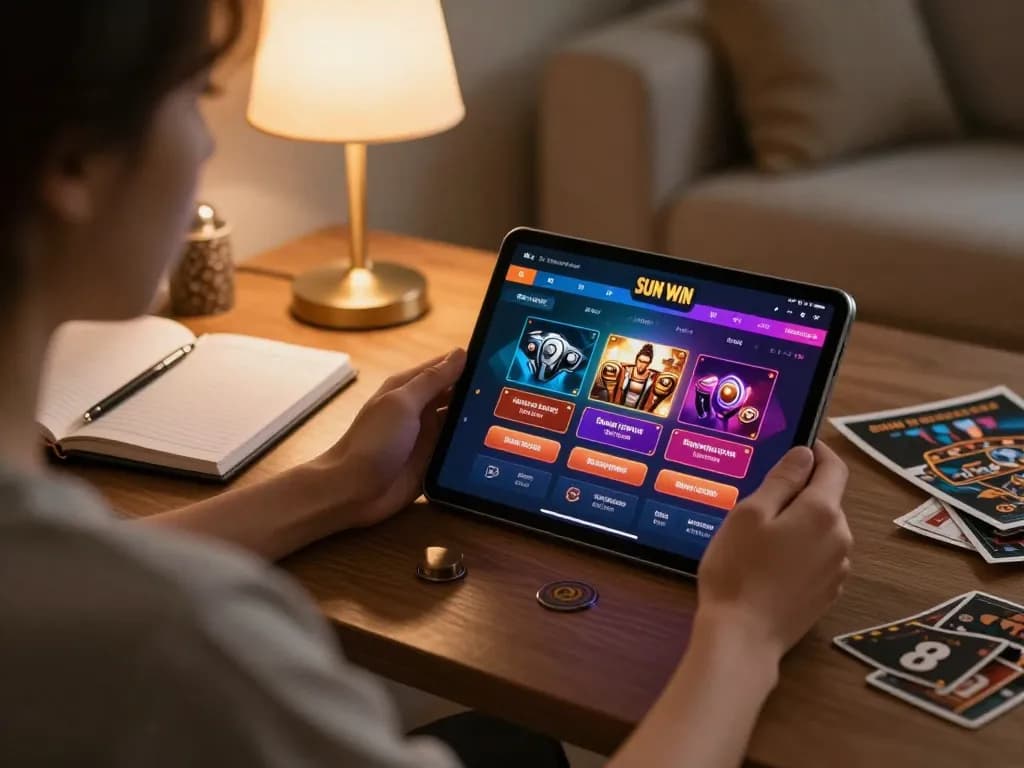 SUN WIN player engaging with online casino app in a cozy living room setting, emphasizing responsible gaming.