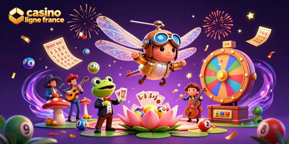 Une illustration dynamique de casino en ligne France avec un pilote luciole, un croupier grenouille et des musiciens.