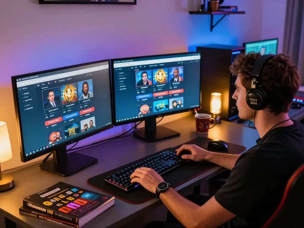 Person engaging with sites not on gamstop on dual monitors, showcasing online gambling strategy