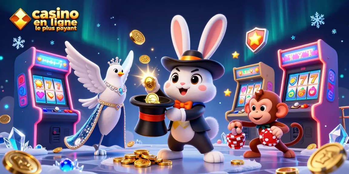 Illustration dynamique pour le casino en ligne le plus payant avec un magicien, une colombe et un singe aguerri jouant avec des jetons.