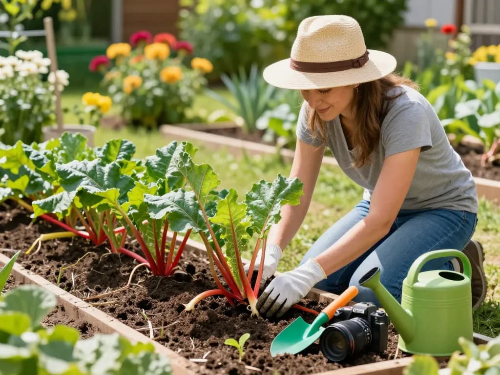 Gardener planting rabarber planten in a vibrant home garden filled with colorful tools and fresh seedlings.