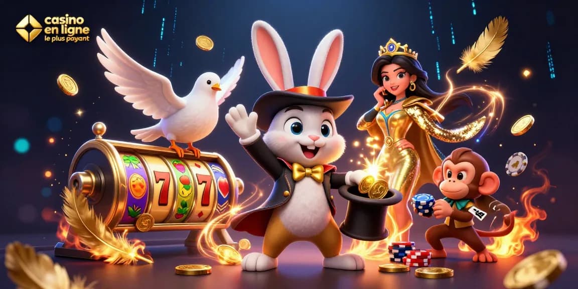 Illustration dynamique avec un magicien, un singe et une colombe, mettant en valeur le casino en ligne le plus payant.