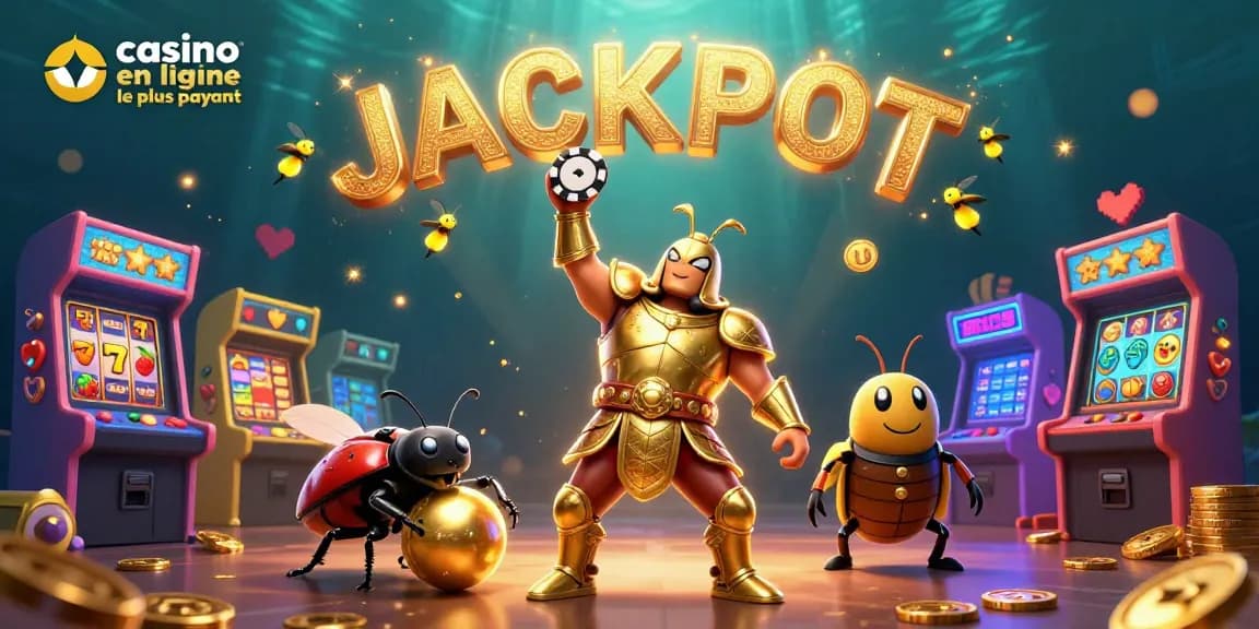 Le jackpot d'un casino en ligne le plus payant illustré par un scarabée en armure dorée et des éléments de jeu.
