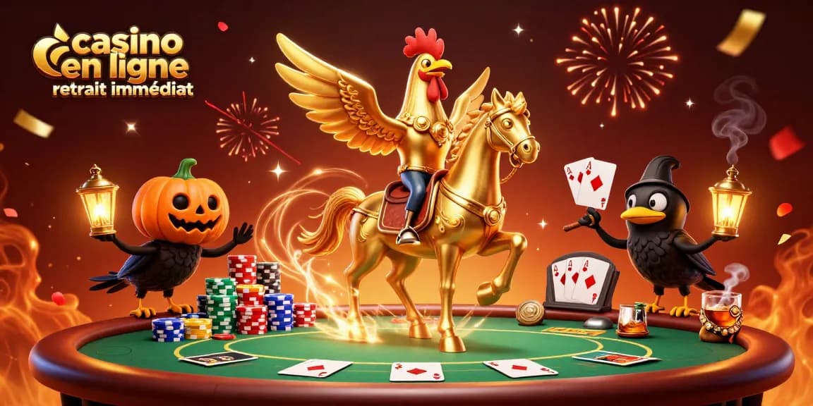 Jouer au casino en ligne retrait immédiat avec un coq doré et des compagnons corbeaux dans une scène festive.