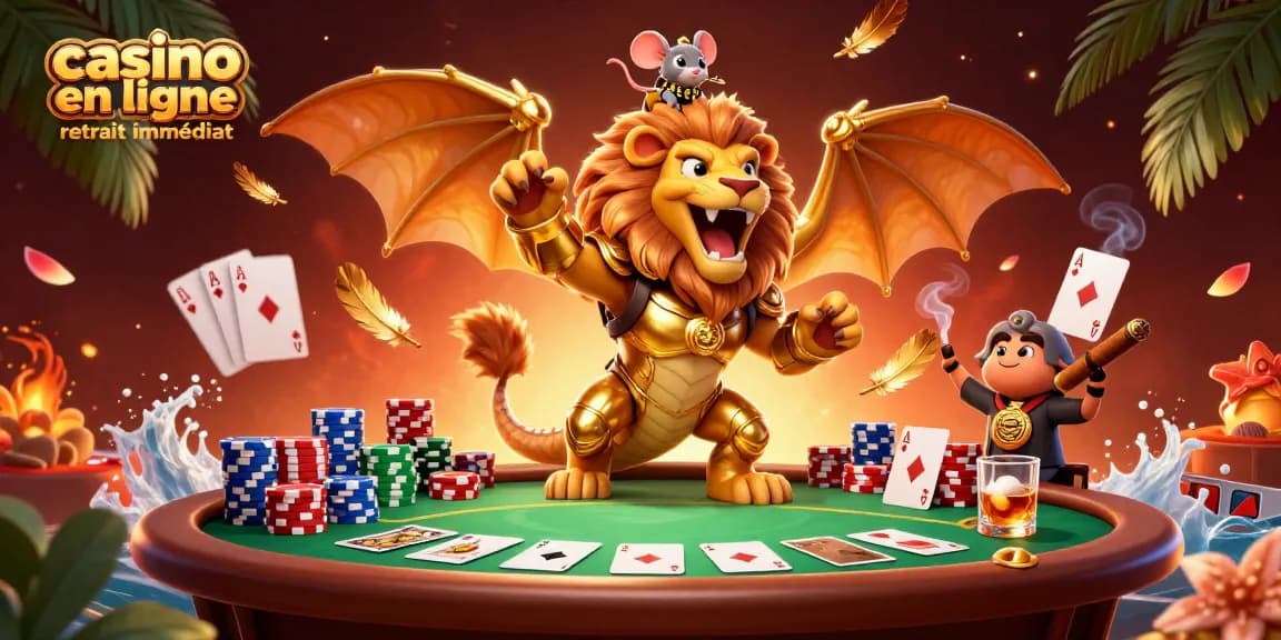 Profitez d'actions palpitantes au casino en ligne retrait immédiat grâce à une illustration dynamique de chimère et de poker.