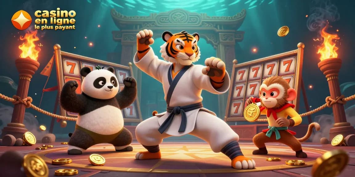 Profitez du casino en ligne le plus payant avec le tigre kung fu et des médailles d'or dans une scène dynamique.