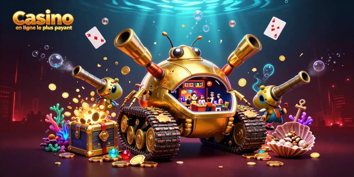 Illustration dynamique d'un casino en ligne le plus payant avec un tank doré et des éléments sous-marins.