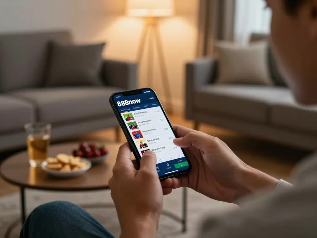 Engaging in sports betting on 888now com in a cozy home setting with smartphone.