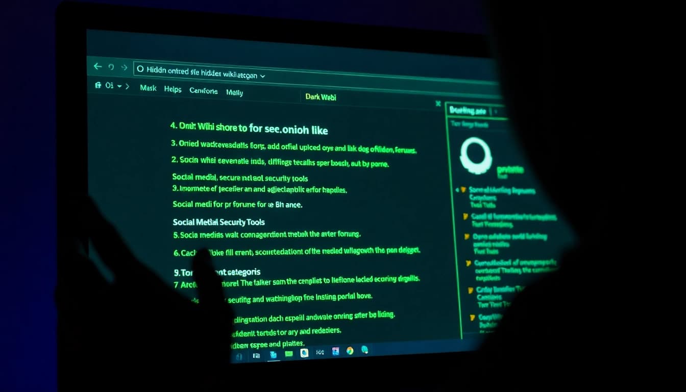 The Hidden Wiki interface displayed on a screen, showcasing .onion links and tools for secure browsing.