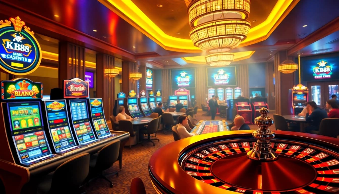 Experience thrilling betting action at KP88's vibrant casino, complete with tables and slot machines.