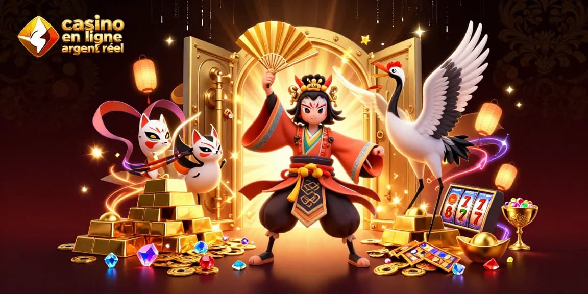 Jouez sur un casino en ligne argent réel avec des personnages animés dans un décor éclatant de trésors et de jeux.