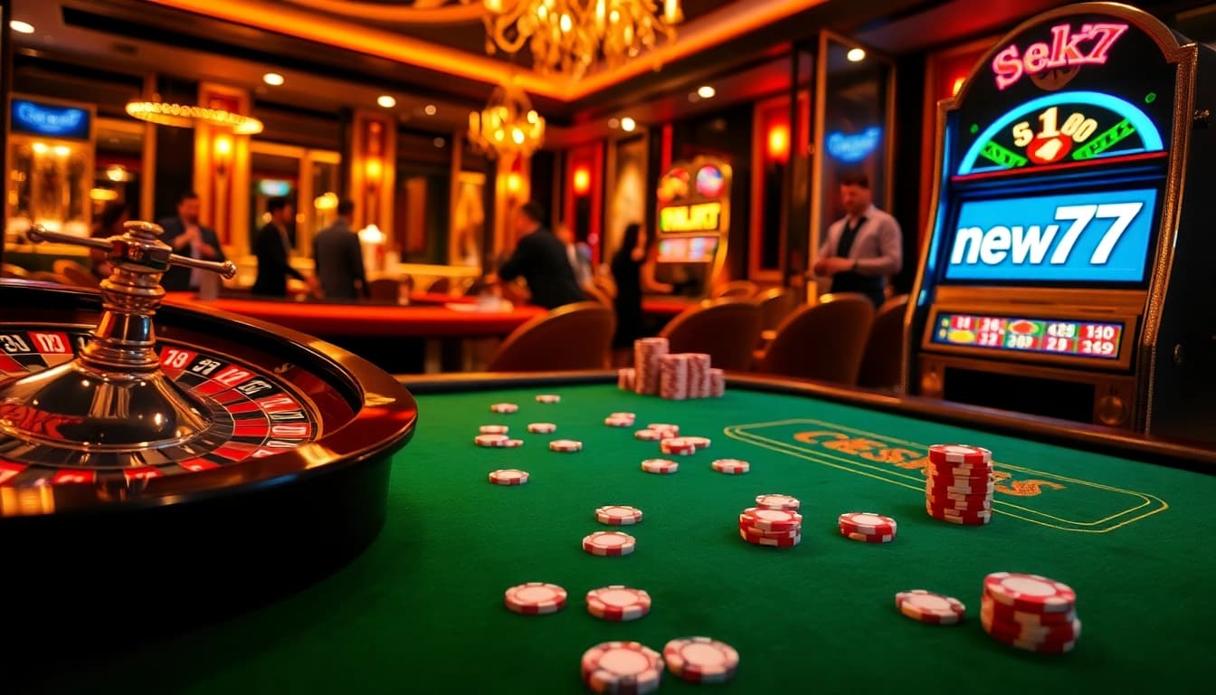 Experience high-stakes excitement at new77 with a vibrant casino scene showcasing games and luxury.
