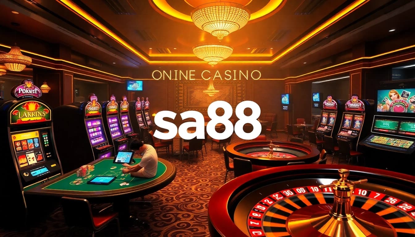 Exciting online gambling scene with sa88 branding, showcasing poker and slot machines.