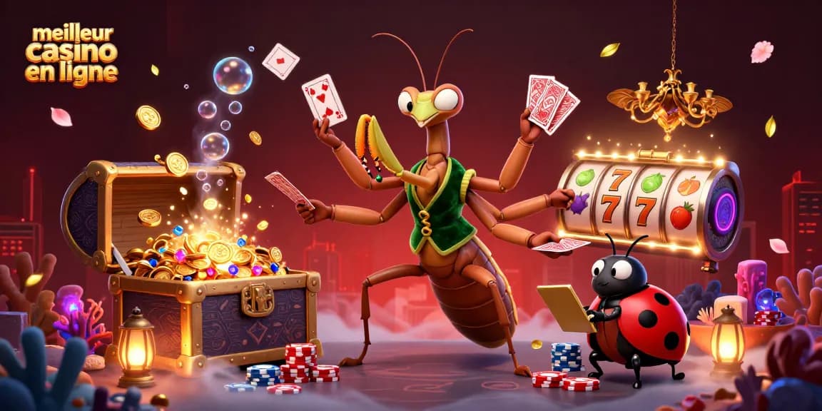 La scène dynamique du meilleur casino en ligne avec une mantide et une coccinelle.