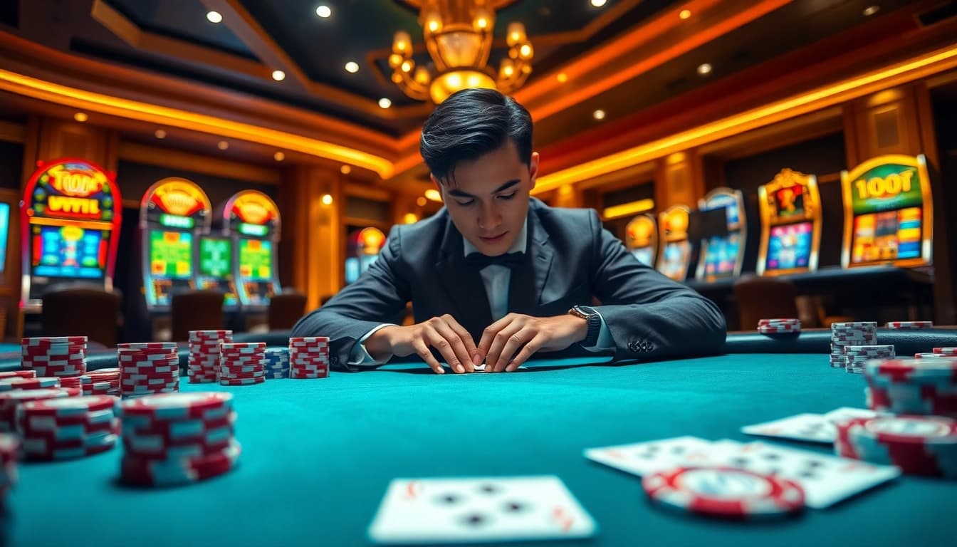 Engage with the Top 10 Nhà Cái Uy Tín as players strategically analyze poker hands at a luxurious casino table.