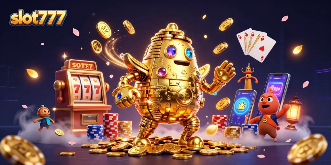 Slot777 menawarkan pengalaman seru dengan simbol mesin slot yang bersinar dan koin berhamburan.