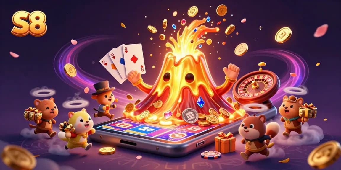 S8 players spin the reels of fortune, witnessing golden coins erupt from a triumphant volcano in this vibrant casino scene.