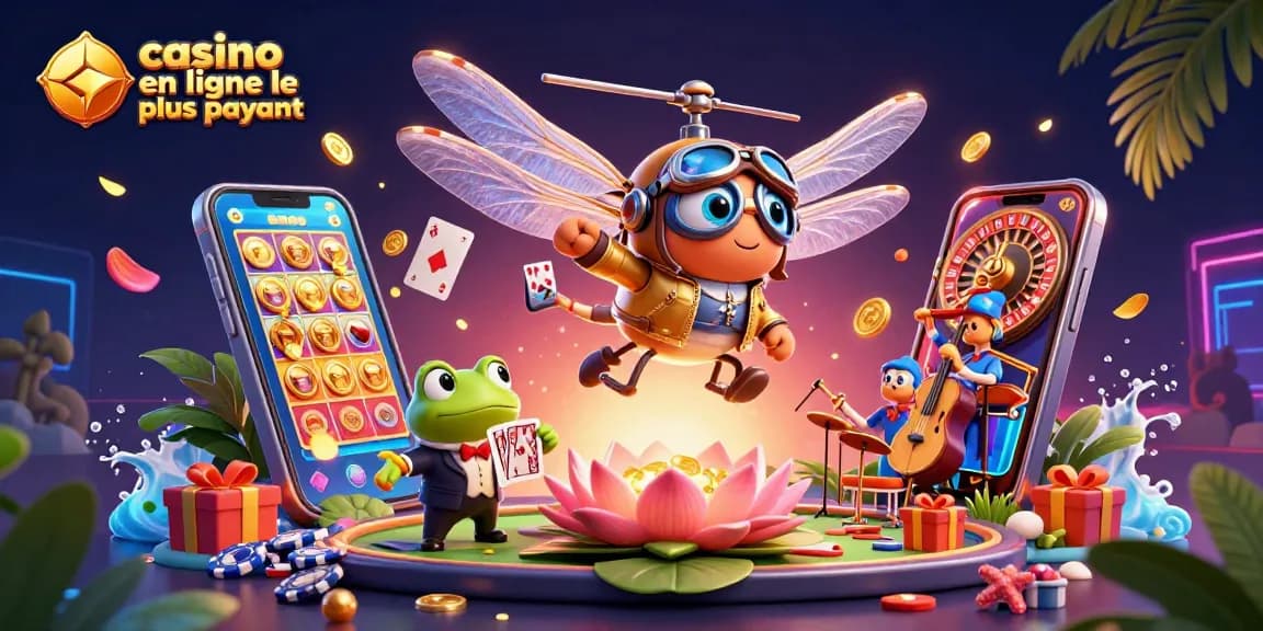 Visualisez l'univers du casino en ligne le plus payant avec un pilote libellule, un croupier grenouille, et des musiciens.